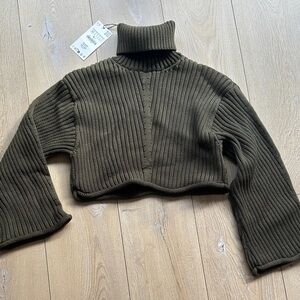 Zara Dark Green Ribbed Cowl Neck Sweater